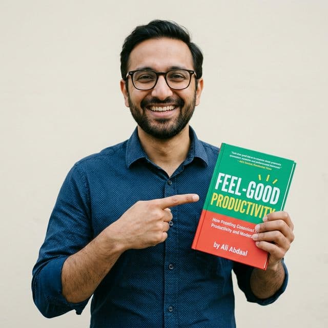 Hamid pointing at his book