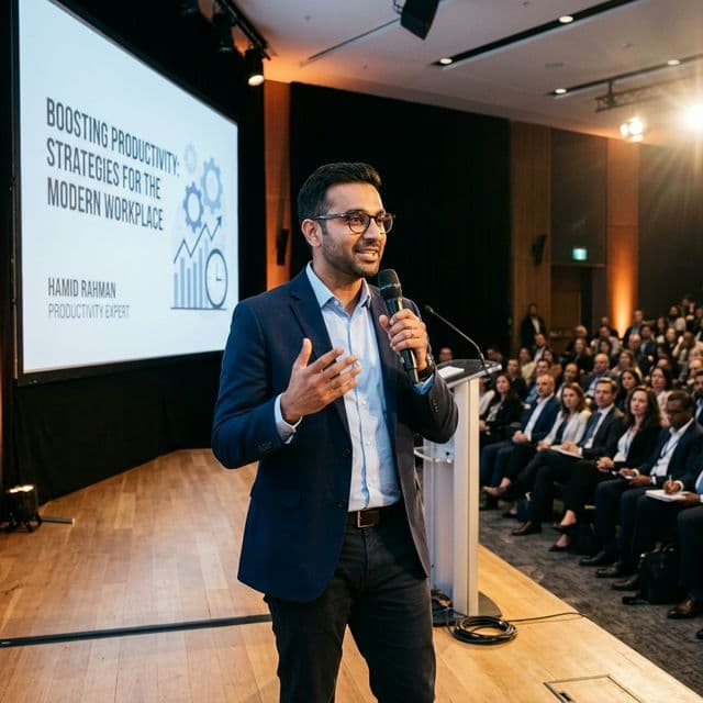 Hamid speaking on stage